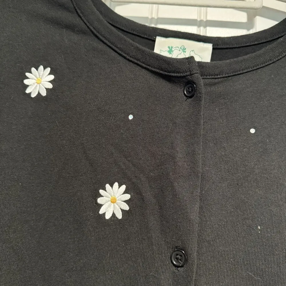 Quacker Factory Black Daisy Embroidered Cardigan Sweater Cotton Plus Size 3X